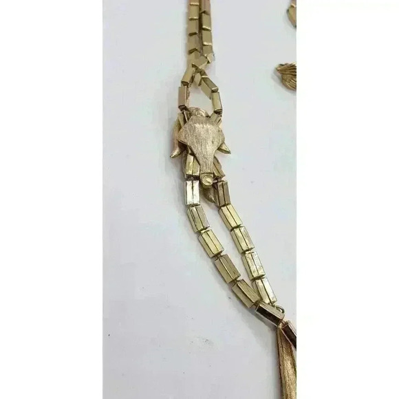 Vtg Gold Box Link Chain Necklace Earrings Faux Slide Leaves Tassel Laria… - Picture 3 of 9